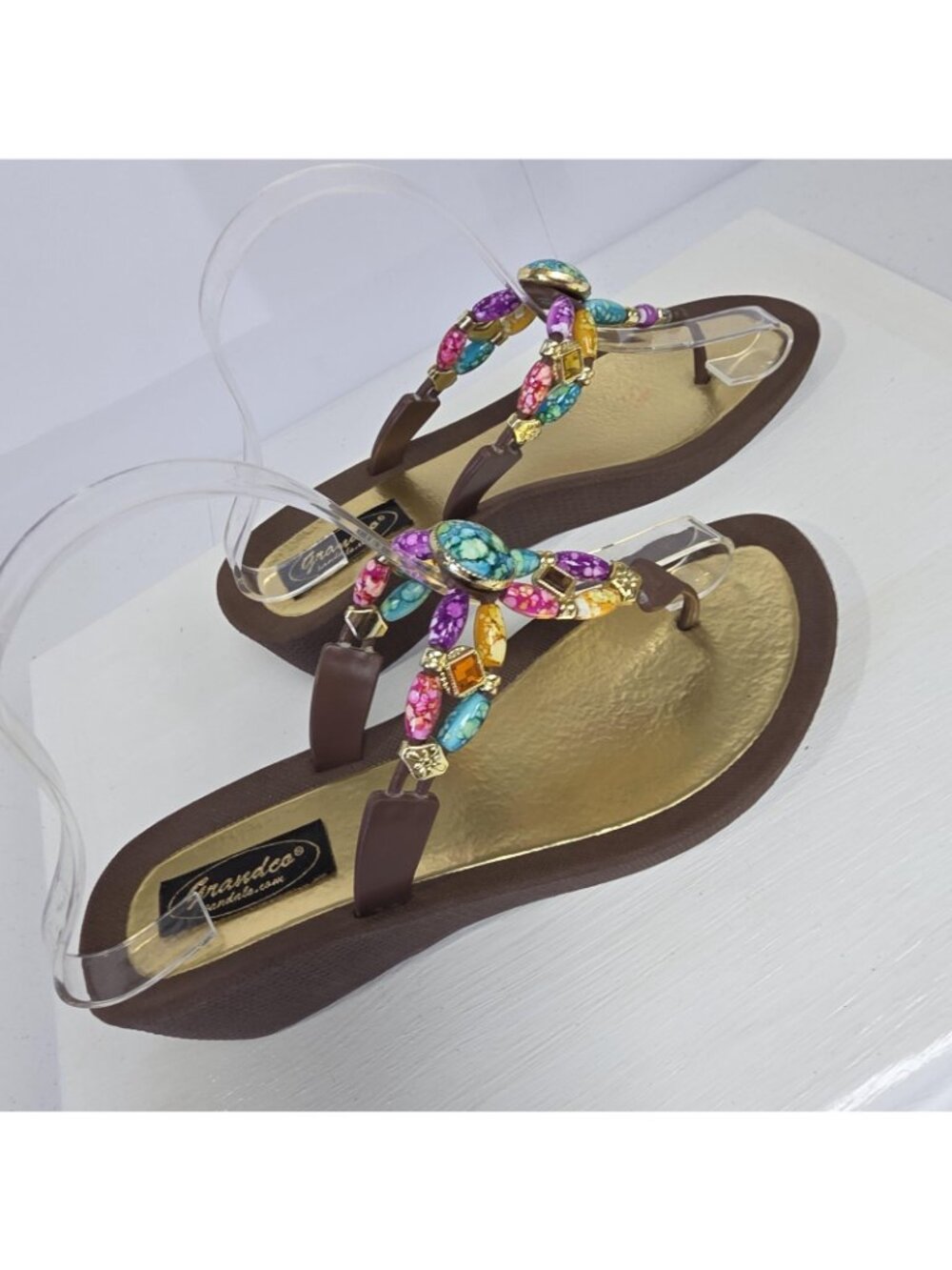 Grandco Sandals Womens Size 8 Multicolor Beaded Jeweled Wedge Thong Shoes - Picture 7 of 11